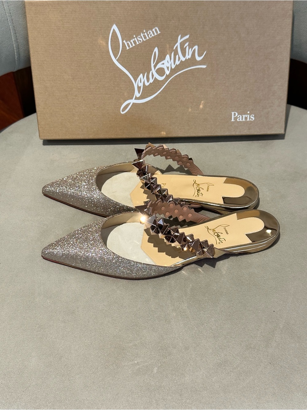 Christian Louboutin Choc Flat Mini Glitter Pointed-Toe Stud Strap Mule - Picture 4 of 8